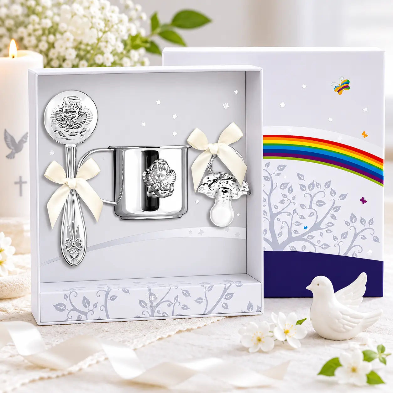 3-teiliges Taufgeschenk mit Engelmotiv aus 925 Silber in Geschenkbox mit Becher, Babyrassel und Schnuller