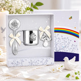 3-teiliges Taufgeschenk mit Engelmotiv aus 925 Silber in Geschenkbox mit Becher, Babyrassel und Schnuller