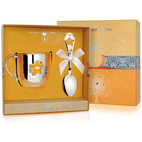Taufgeschenk Mädchen 925 Silber Sterne gelb-rot Geschenkset 2-teilig Becher Löffel Königliche Kindheit.