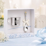Taufgeschenk Set für Jungen aus 925 Silber mit Engel-Kinderbecher und Löffel in edler blauer Geschenkbox zur Taufe