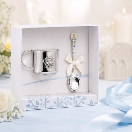 Taufgeschenk Set für Jungen aus 925 Silber mit Engel-Kinderbecher und Löffel in edler blauer Geschenkbox zur Taufe