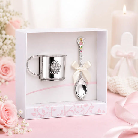 Taufgeschenk Set für Mädchen aus 925 Silber mit Engel-Kinderbecher und Löffel in edler rosa Geschenkbox zur Taufe