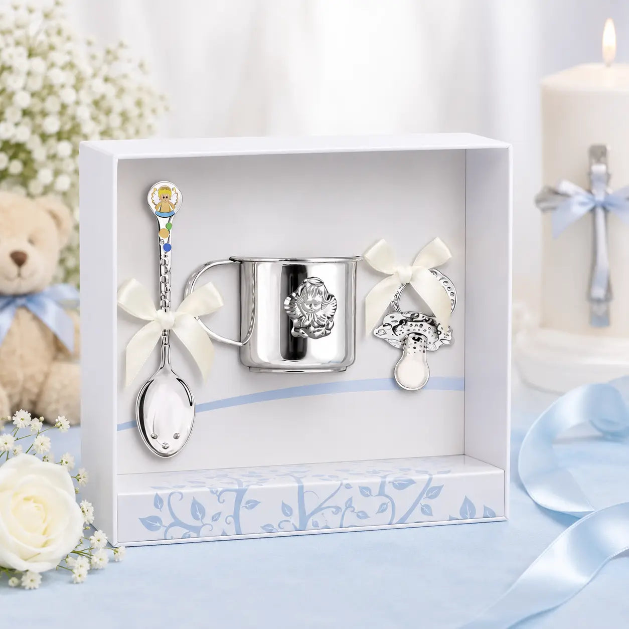 Taufgeschenk Set für Jungen aus 925 Silber mit Engel-Becher, Kinderlöffel und Schnuller in blauer Geschenkbox zur Taufe