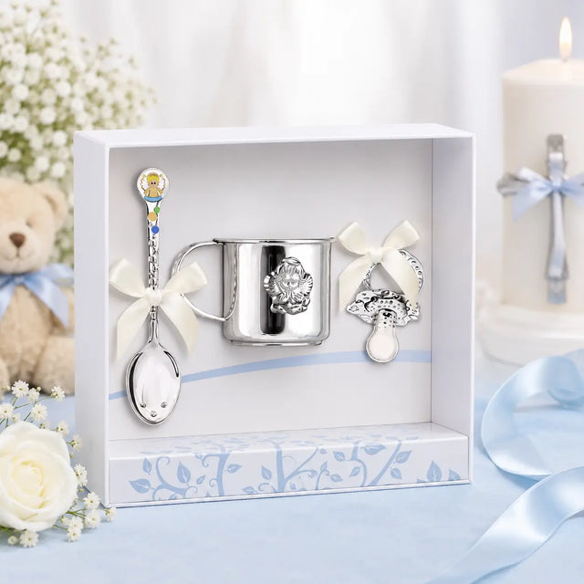 Taufgeschenk Set für Jungen aus 925 Silber mit Engel-Becher, Kinderlöffel und Schnuller in blauer Geschenkbox zur Taufe