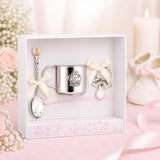 Taufgeschenk Set für Mädchen aus 925 Silber mit Engel-Becher, Kinderlöffel und Schnuller in rosa Geschenkbox zur Taufe
