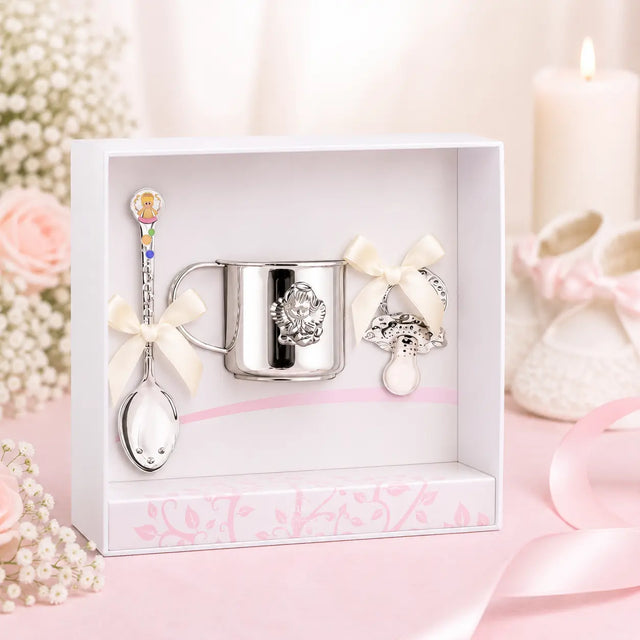 Taufgeschenk Set für Mädchen aus 925 Silber mit Engel-Becher, Kinderlöffel und Schnuller in rosa Geschenkbox zur Taufe