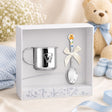Taufgeschenk Set für Jungen aus 925 Silber mit Bären-Kinderbecher und Kinderlöffel in blauer Geschenkbox zur Geburt oder Taufe