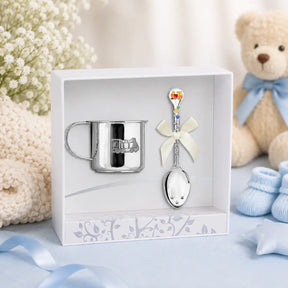 Taufgeschenk Set für Jungen aus 925 Silber mit Kinderbecher und Lokomotiv-Löffel in blauer Geschenkbox zur Geburt oder Taufe