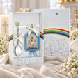 Geschenkset zur Taufe Babylöffel & Ikone Schutzengel dunkel-blau in der Original-Geschenkbox — Lifestyle-Aufnahme mit brennender Taufkerze, Spitze und Schleierkraut, Geschenk zur Taufe