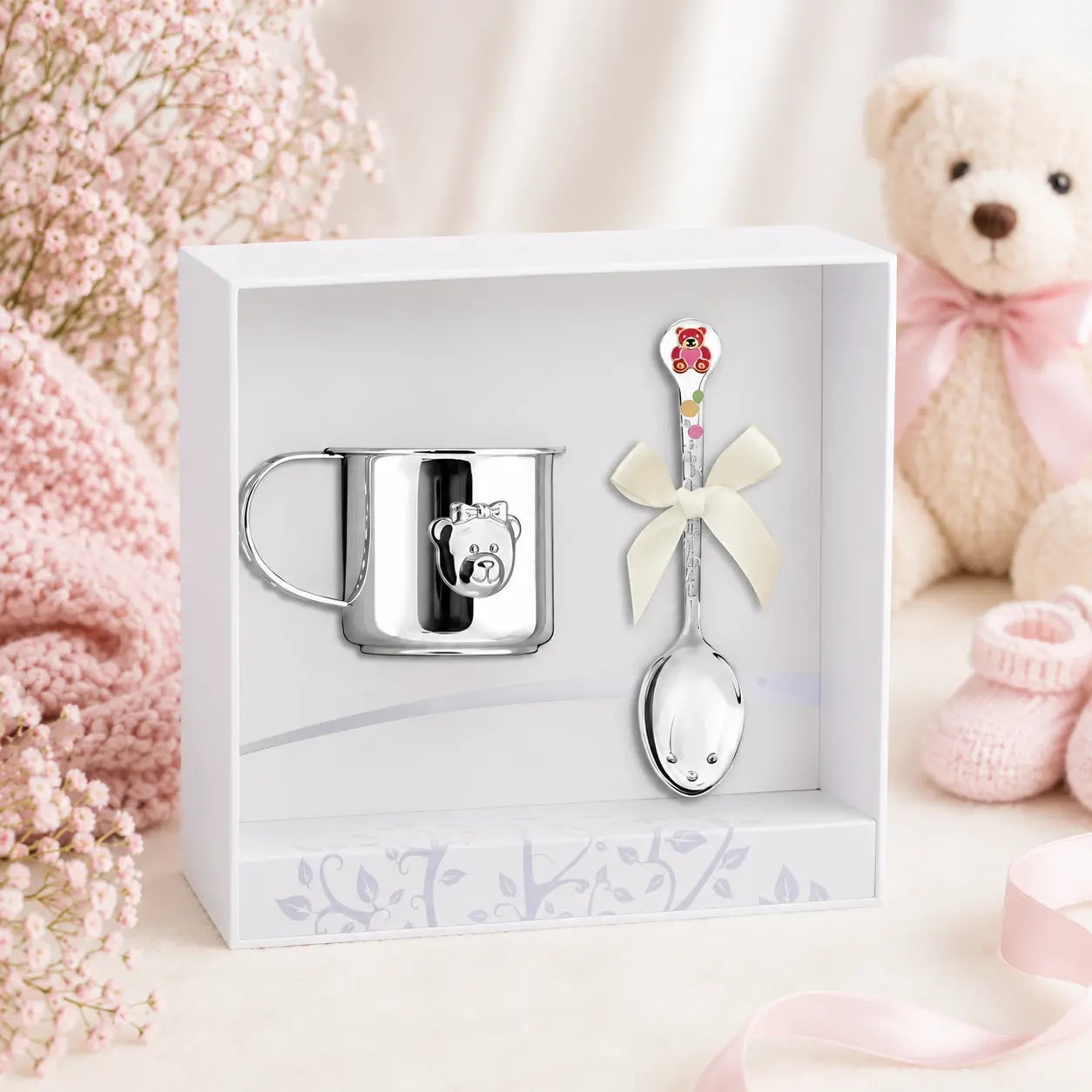 Taufgeschenk Set für Mädchen aus 925 Silber mit Bären-Kinderbecher und Kinderlöffel in rosa Geschenkbox zur Geburt oder Taufe