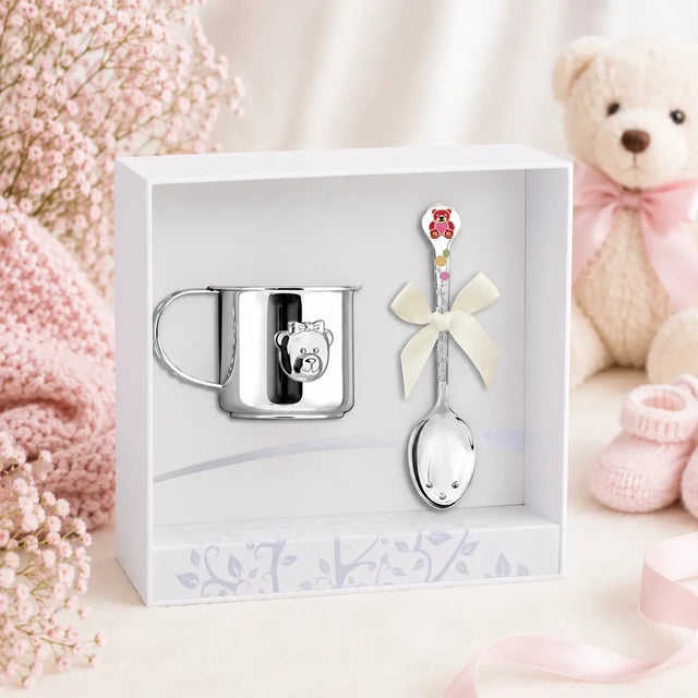 Taufgeschenk Set für Mädchen aus 925 Silber mit Bären-Kinderbecher und Kinderlöffel in rosa Geschenkbox zur Geburt oder Taufe