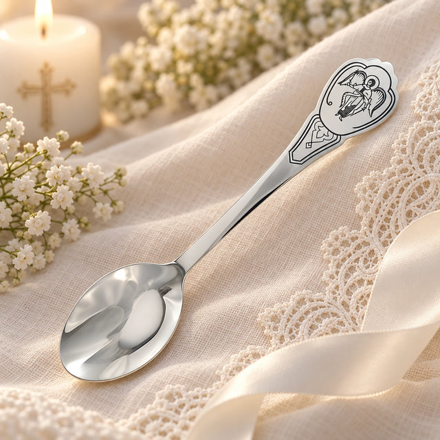 Tauflöffel 925 Silber Engel in Niello — Lifestyle-Setting, Geschenk zur Taufe