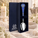 Tauflöffel 925 Silber Heilige Matrona, blaue Emaille in der Geschenkkassette — Lifestyle-Setting, Geschenk zur Taufe