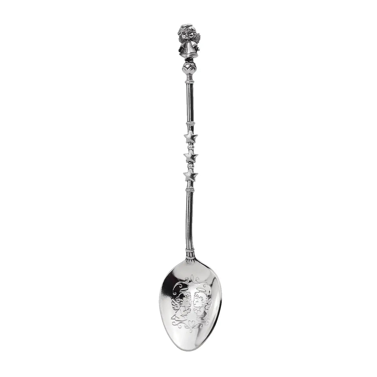 Tauflöffel 925 Silber Engelchen freigestellt — Engelfigur am Stielende, Stiel mit drei Sternen, zwei Engelchen in der Schale