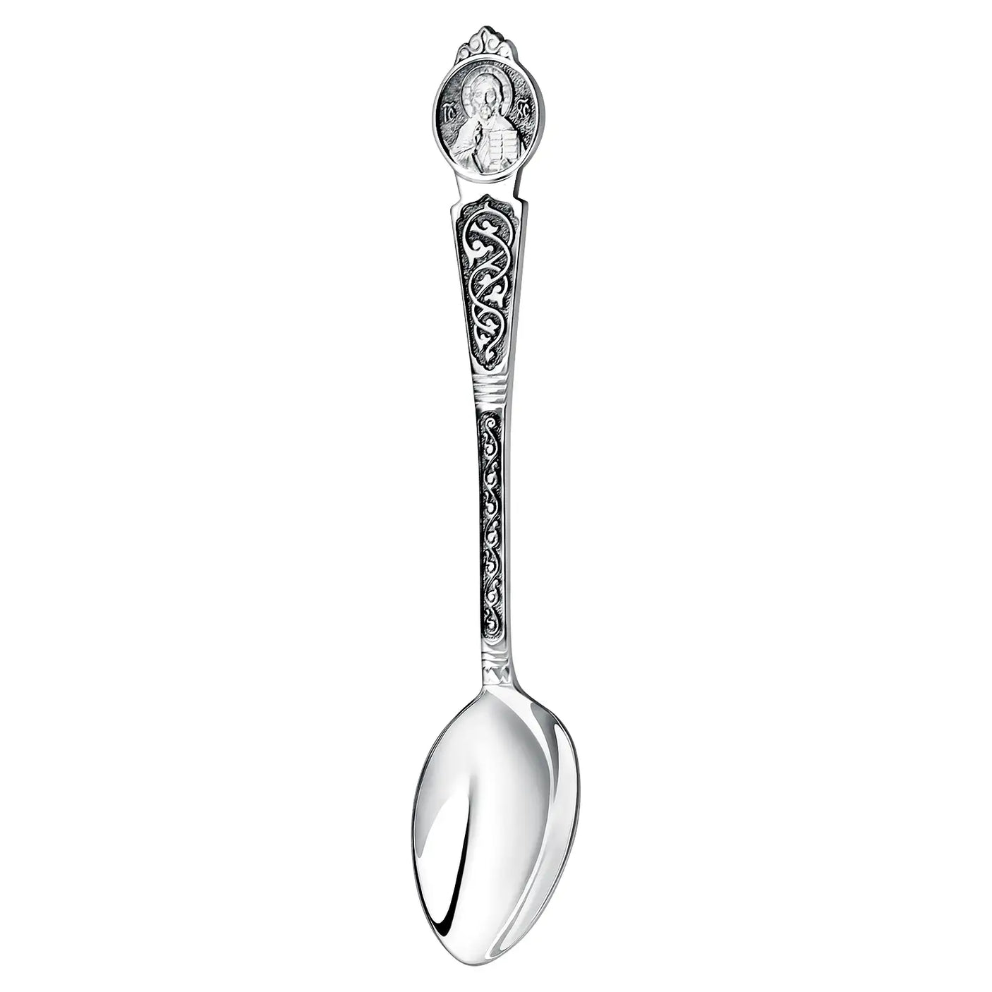 Tauflöffel Nikolaus 925 Silber ArgentA — Freisteller mit Ikone des Heiligen Nikolaus im Medaillon am Stielkopf und Rankenornament am Griff, antik geschwärzt