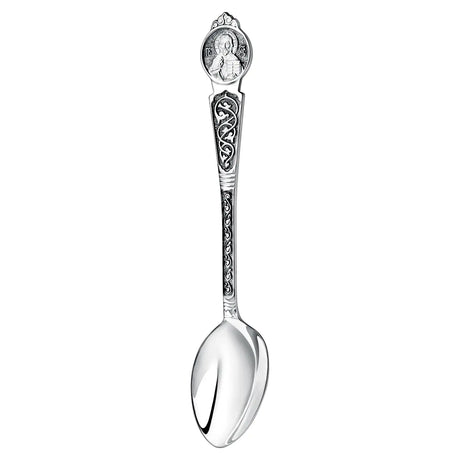 Tauflöffel Nikolaus 925 Silber ArgentA — Freisteller mit Ikone des Heiligen Nikolaus im Medaillon am Stielkopf und Rankenornament am Griff, antik geschwärzt