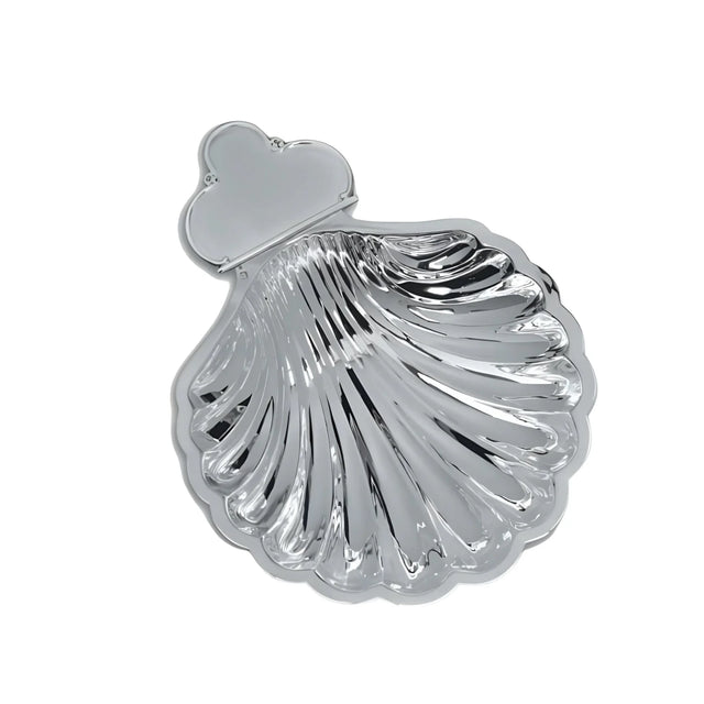 Taufschale 925 Silber Muschelform — polierte Silbermuschel mit kreuzförmigem Gravurfeld, Freisteller
