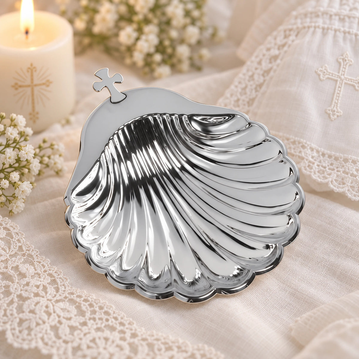 Taufschale 925 Silber Muschelform — Lifestyle-Setting, Geschenk zur Taufe