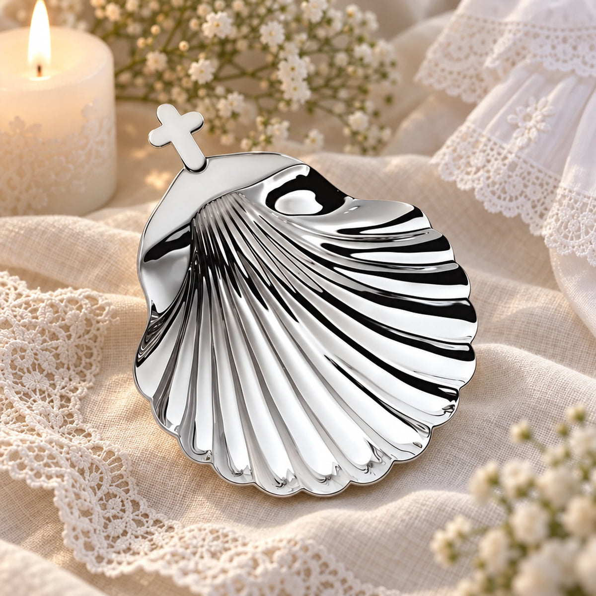 Taufschale 925 Silber Muschelform — Lifestyle-Setting, Geschenk zur Taufe