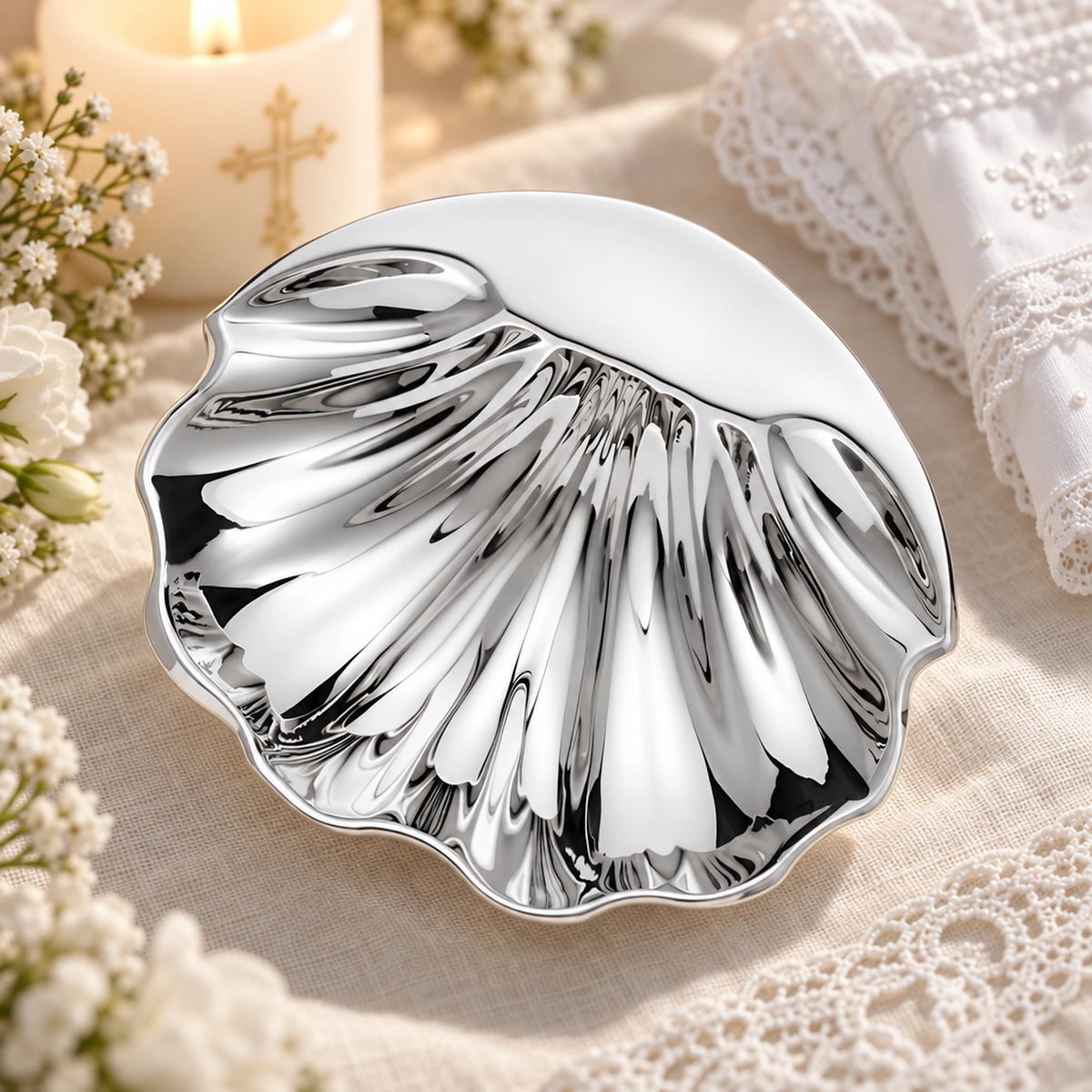 Taufschale 925 Silber Muschelform — Lifestyle-Setting, Geschenk zur Taufe