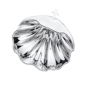 Taufschale 925 Silber Madrid, 9×10 cm, Muschel- und Kreuz-Motiv, poliert — gefertigt in Italien für die Taufzeremonie.