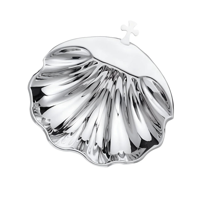 Taufschale 925 Silber Madrid, 9×10 cm, Muschel- und Kreuz-Motiv, poliert — gefertigt in Italien für die Taufzeremonie.