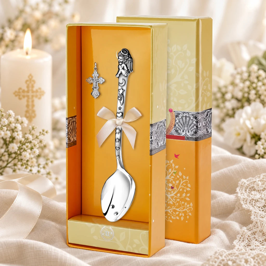 Taufset Engel 925 Silber antik geschwärzt — Löffel + Kreuzanhänger in der Original-Geschenkbox — Lifestyle-Aufnahme mit brennender Taufkerze, Spitze und Schleierkraut, Geschenk zur Taufe