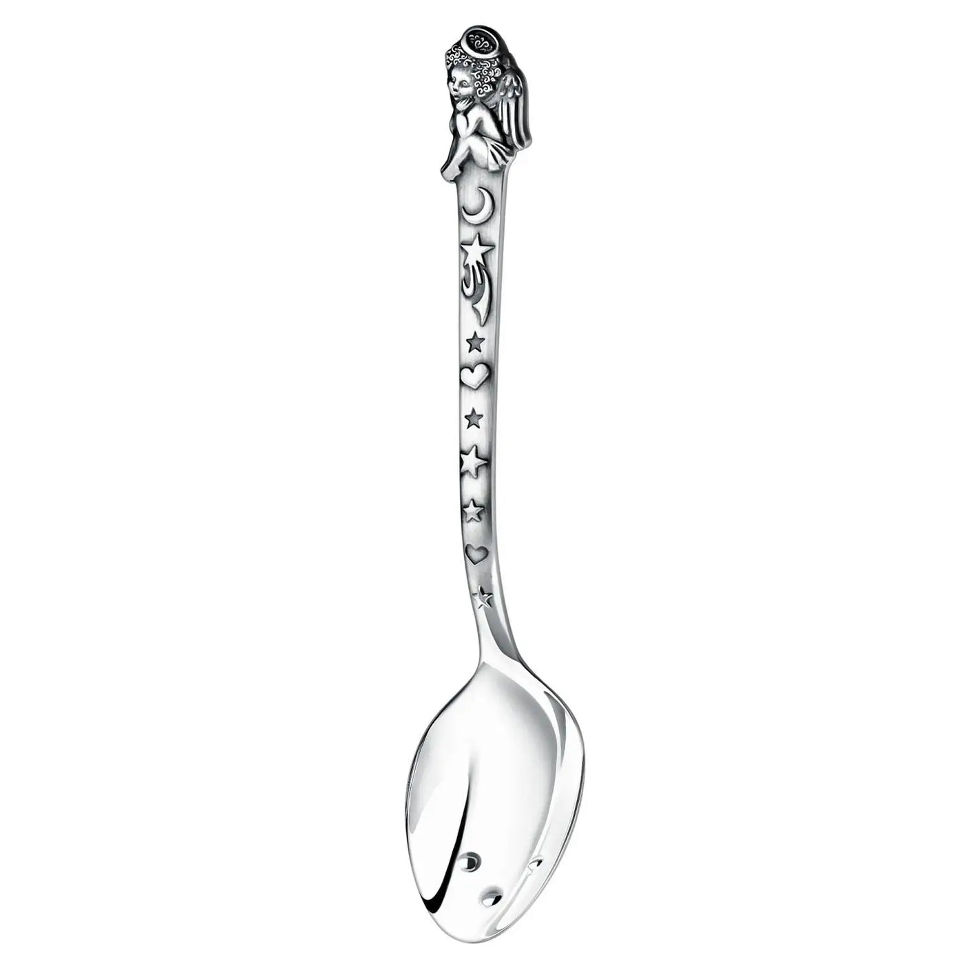 Taufset Löffel 925 Silber Engel ArgentA — Freisteller, vollplastischer Engel am Stielkopf, Mond, Sterne und Herzen als erhabene Reliefs, Vertiefungen antik geschwärzt