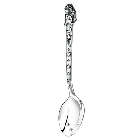 Taufset Löffel 925 Silber Engel ArgentA — Freisteller, vollplastischer Engel am Stielkopf, Mond, Sterne und Herzen als erhabene Reliefs, Vertiefungen antik geschwärzt