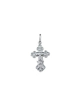 Kreuzanhänger 925 Silber orthodox ArgentA — Detailaufnahme mit Kruzifix im Relief und Kleeblatt-Balkenenden, poliert, ohne Kette