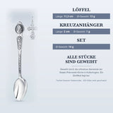 Taufset Kasaner Gottesmutter 925 Silber antik geschwärzt ArgentA — Infografik mit Maßen: Löffel 11,3 cm und 13 g, Kreuzanhänger 2 cm und 1 g, Set 14 g, geweiht in Koltschugino