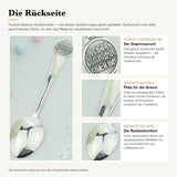 Taufset Kasaner Gottesmutter 925 Silber ArgentA — Detailtafel der Rückseite: Segensspruch auf dem Medaillon, glatte Gravurfläche am Stiel, Rankenbordüre auf der Laffe