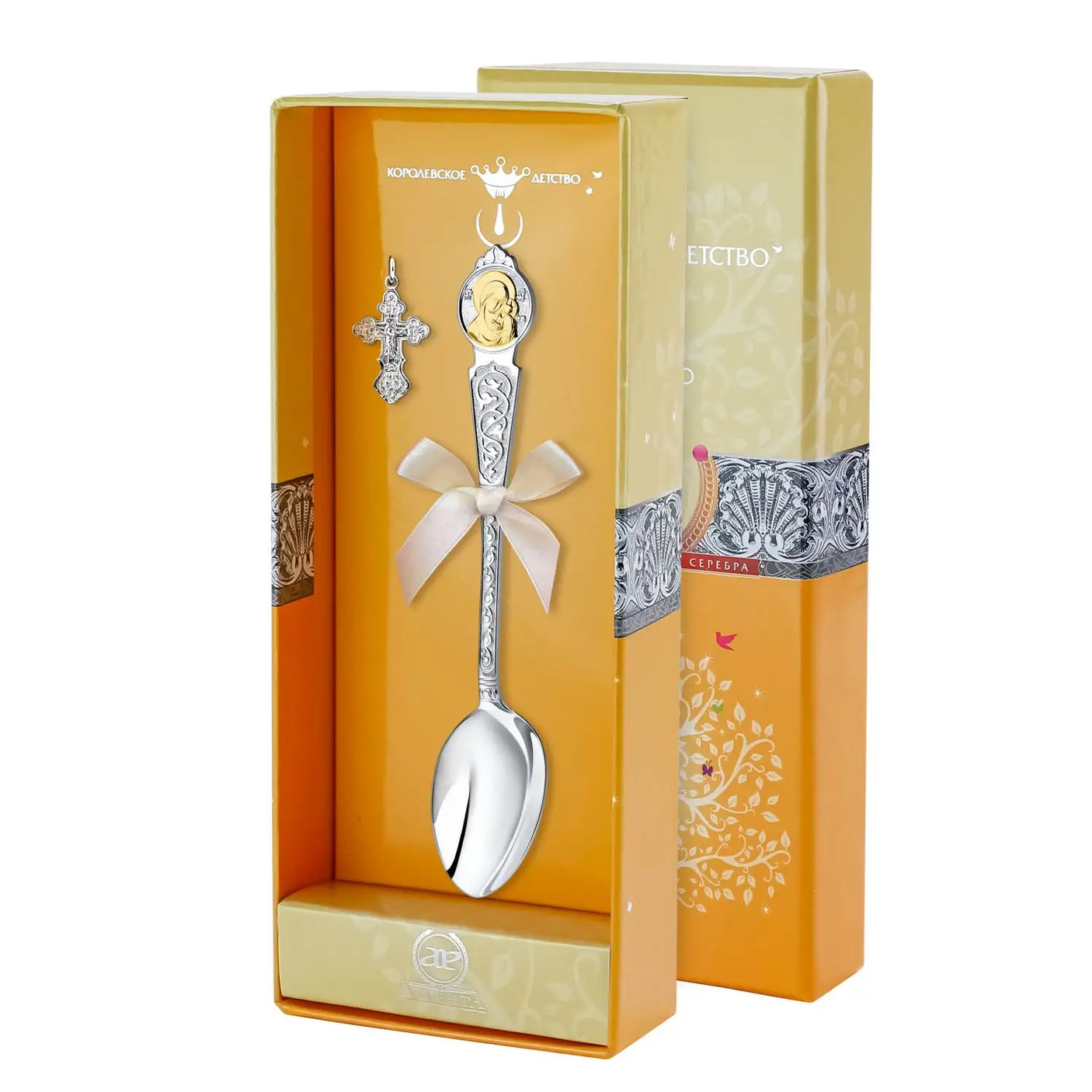 Taufset Kasaner Gottesmutter 925 Silber vergoldet ArgentA — Tauflöffel und orthodoxer Kreuzanhänger im aufgeklappten Geschenketui der Kollektion Königliche Kindheit