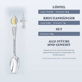 Taufset Kasaner Gottesmutter 925 Silber vergoldet ArgentA — Infografik mit Maßen: Löffel 11,3 cm und 13 g, Kreuzanhänger 2 cm und 1 g, Set 14 g, geweiht in Koltschugino
