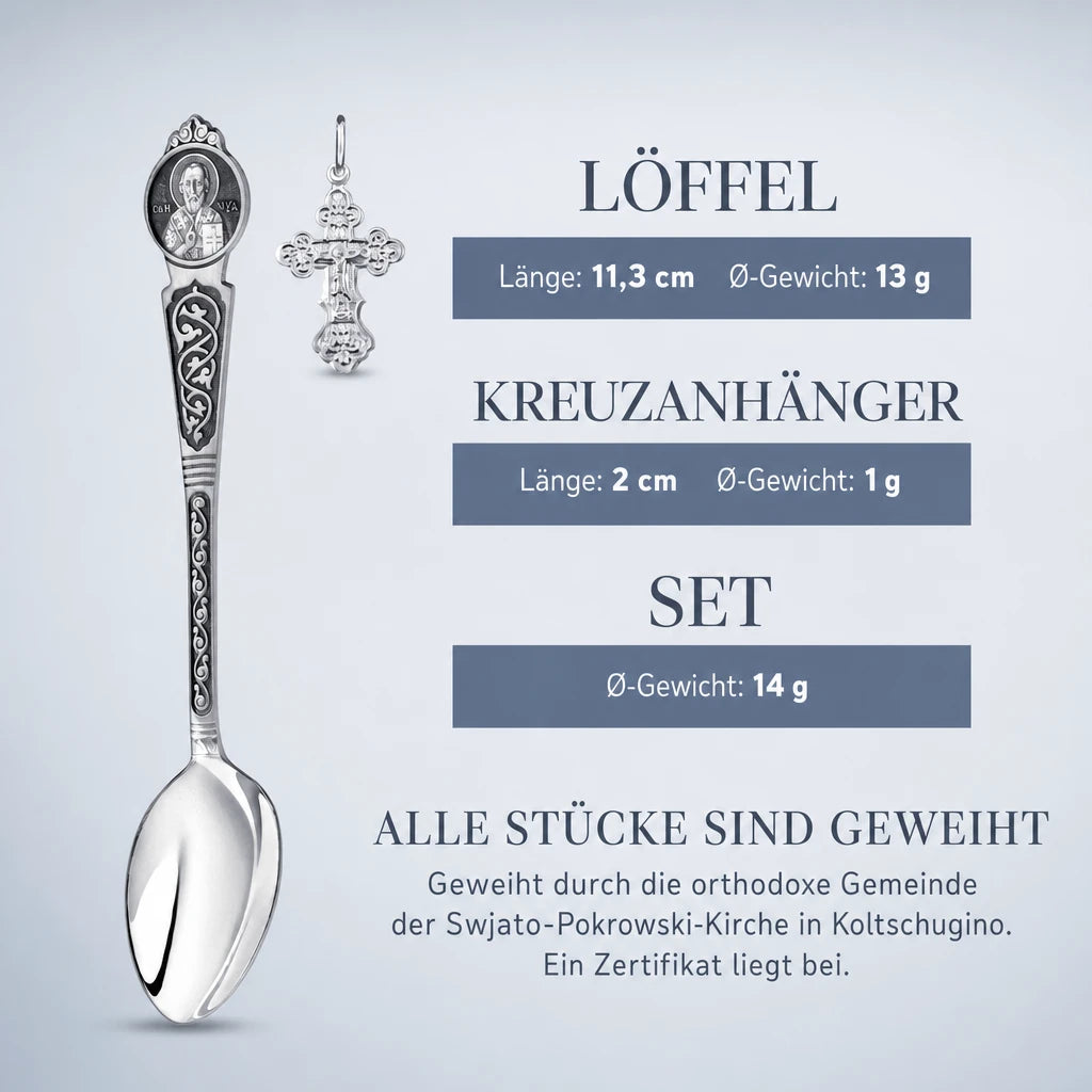 Taufset Nikolaus 925 Silber geschwärzt ArgentA — Infografik mit Maßen: Löffel 11,3 cm und 13 g, Kreuzanhänger 2 cm und 1 g, Set 14 g, geweiht in Koltschugino