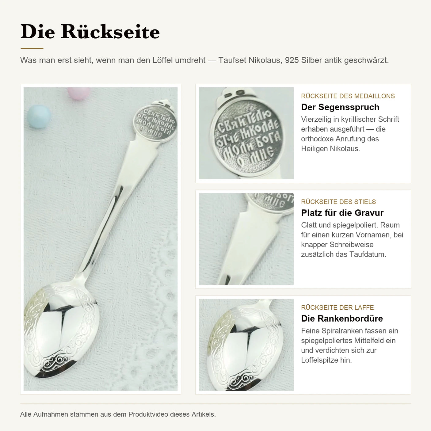 Taufset Nikolaus 925 Silber geschwärzt ArgentA — Detailtafel der Rückseite: Segensspruch auf dem Medaillon, glatte Gravurfläche am Stiel, Rankenbordüre auf der Laffe