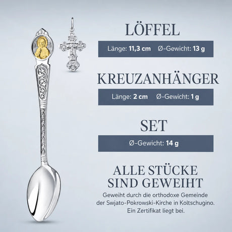 Taufset Nikolaus 925 Silber vergoldet ArgentA — Infografik mit Maßen: Löffel 11,3 cm und 13 g, Kreuzanhänger 2 cm und 1 g, Set 14 g, geweiht in Koltschugino