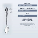 Taufset Christus Pantokrator 925 Silber antik geschwärzt ArgentA — Infografik mit Maßen: Löffel 11,3 cm und 14 g, Kreuzanhänger 2 cm und 1 g, Set 15 g, geweiht in Koltschugino