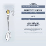 Taufset Christus Pantokrator 925 Silber vergoldet ArgentA — Infografik mit Maßen: Löffel 11,3 cm und 14 g, Kreuzanhänger 2 cm und 1 g, Set 15 g, geweiht in Koltschugino