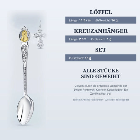 Taufset Christus Pantokrator 925 Silber vergoldet ArgentA — Infografik mit Maßen: Löffel 11,3 cm und 14 g, Kreuzanhänger 2 cm und 1 g, Set 15 g, geweiht in Koltschugino