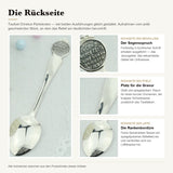 Taufset Christus Pantokrator 925 Silber ArgentA — Detailtafel der Rückseite: Segensspruch auf dem Medaillon, glatte Gravurfläche am Stiel, Rankenbordüre auf der Laffe