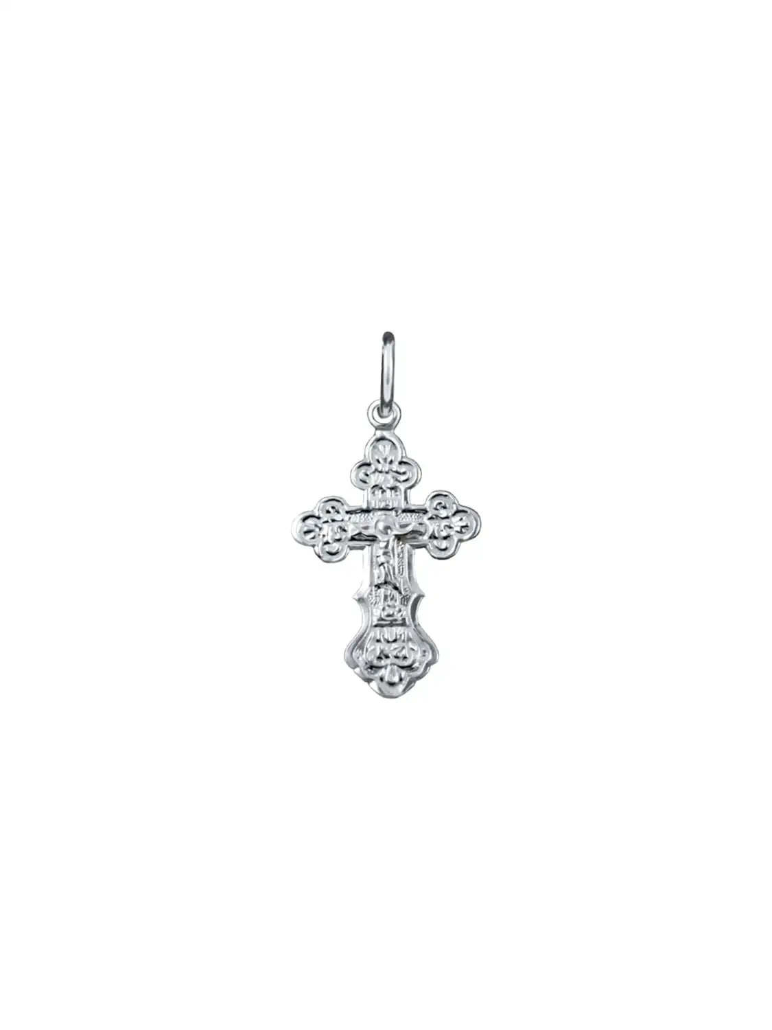 Kreuzanhänger 925 Silber orthodox ArgentA — Detailaufnahme mit Kruzifix im Relief und Kleeblatt-Balkenenden, poliert, ohne Kette