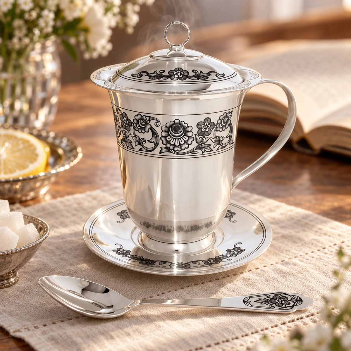Teeservice 925 Silber Niello — Lifestyle-Setting am Teetisch