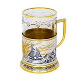 Tea glass with holder 925 silver crystal glass sailboat