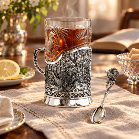 Teeglashalter-Set Auerhahn-Jagd 925 Silber im Etui — Lifestyle-Setting am Teetisch