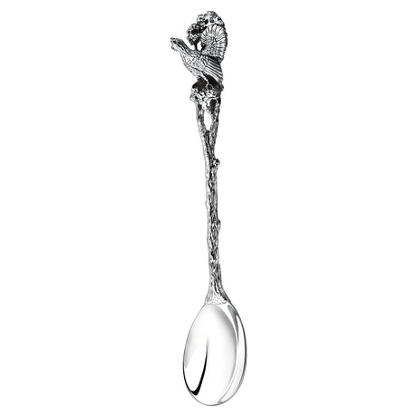 Teelöffel 925 Silber Auerhahn ArgentA — filigraner Zweig-Stiel mit plastischer Auerhahn-Skulptur als Krönung (gefächerter Schwanz, Federdetails), antik patiniert in den Vertiefungen, hochglanzpolierte Laffe