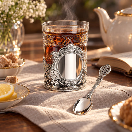 Teeglashalter-Set „Barok" 925 Silber im Etui — Lifestyle-Setting am Teetisch