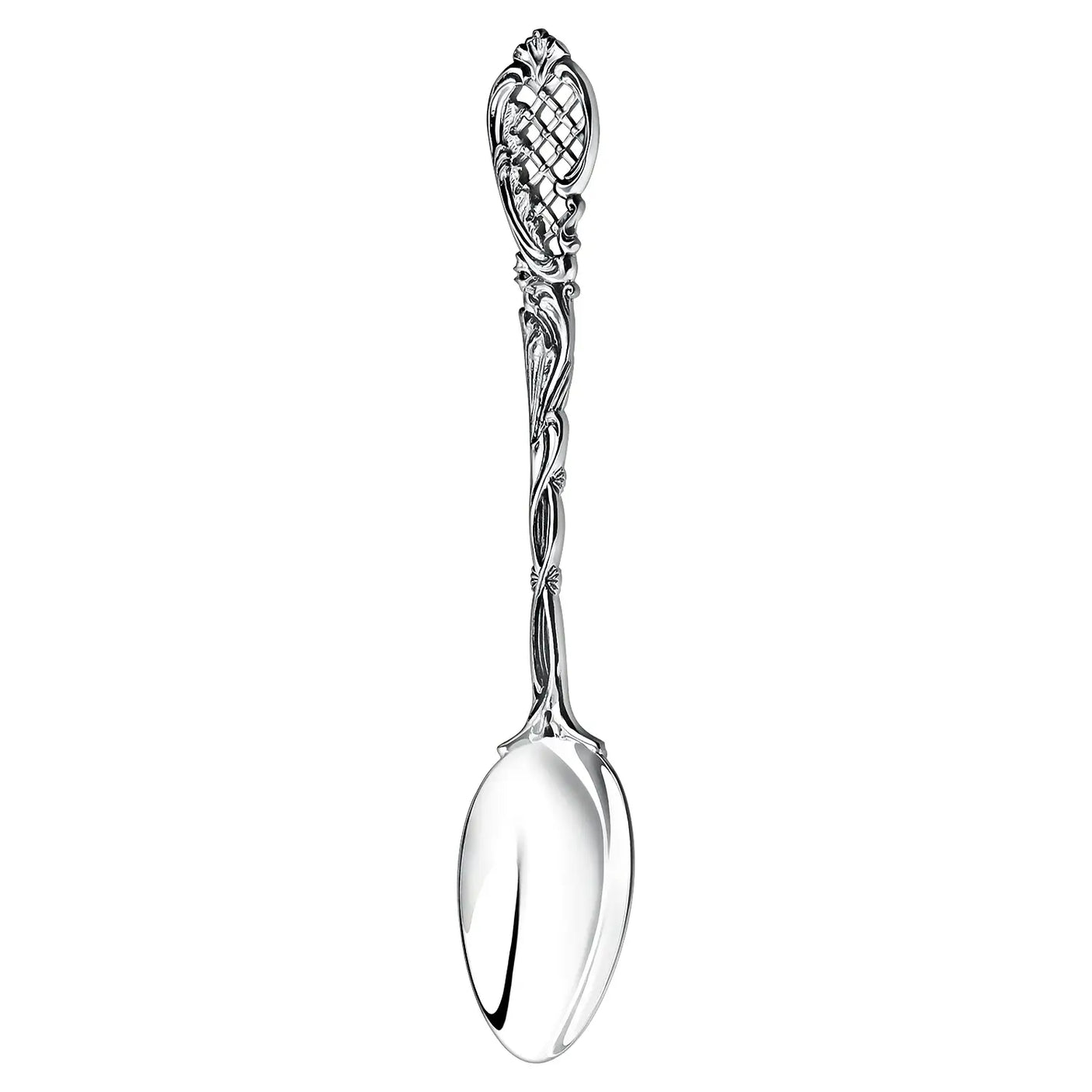 Teelöffel Barokko 925 Silber ArgentA — durchbrochene barocke Stielkrone mit Akanthus-Voluten und Gitterwerk, gewundener Stiel, hochglanzpolierte Laffe, antik patinierte Vertiefungen für plastischen 3D-Effekt