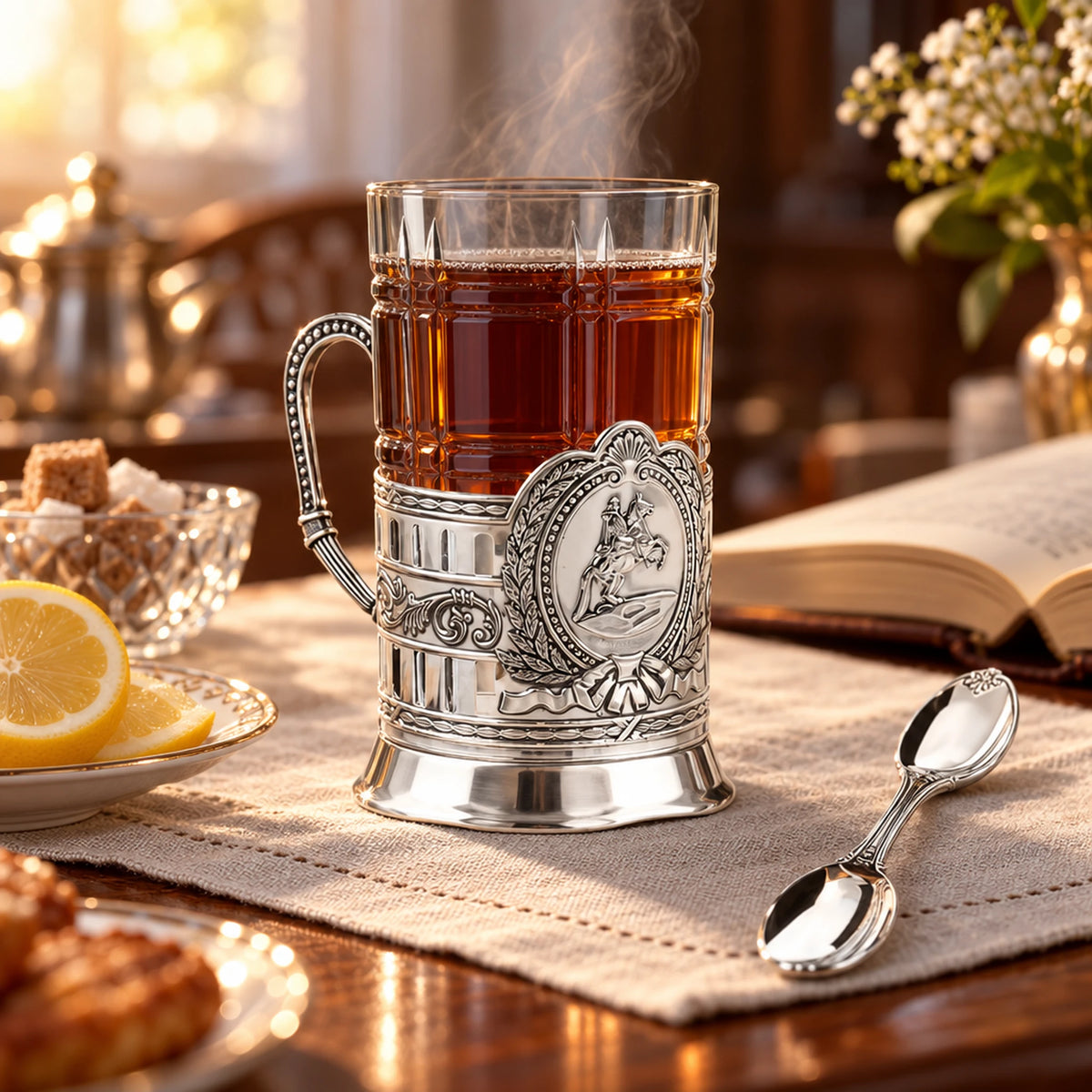 Teeglashalter-Set „Bronzener Reiter" antik patiniert 925 Silber im Etui — Lifestyle-Setting am Teetisch