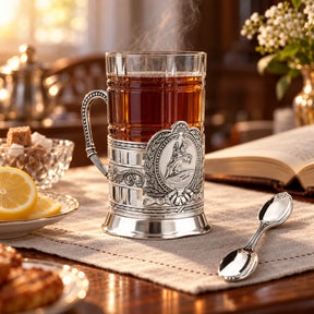 Teeglashalter-Set „Bronzener Reiter" antik patiniert 925 Silber im Etui — Lifestyle-Setting am Teetisch